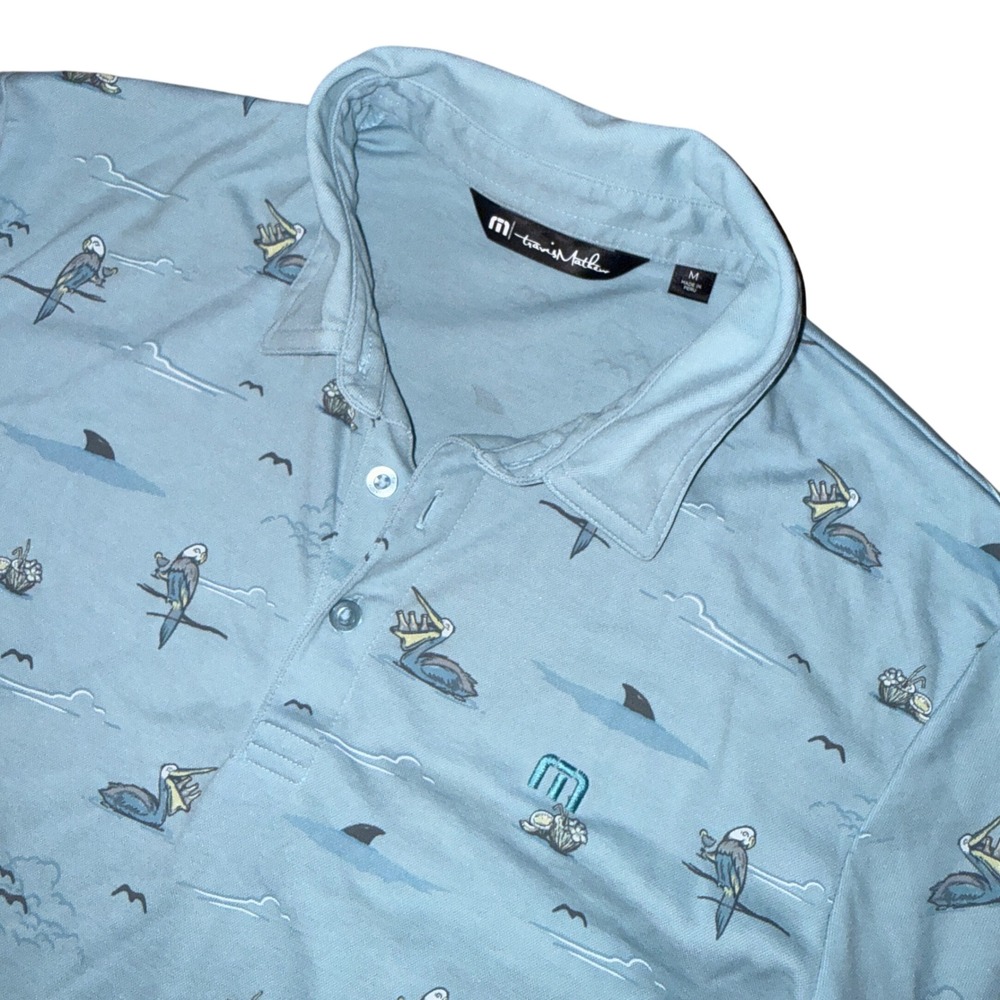 TravisMathew Going Rogue Golf Polo Shirt Medium Blue Tropical‎ Parrot Shark